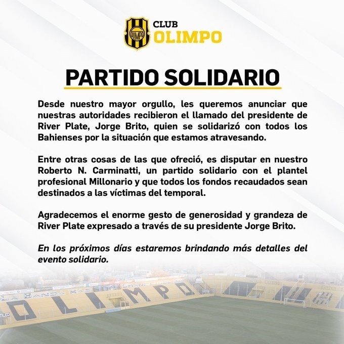 River y Olimpo jugarán un amistoso solidario en Bahía Blanca