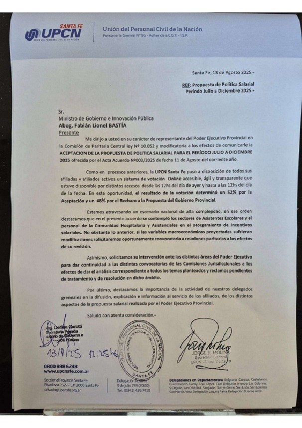 UPCN SANTA FE ACEPTO LA PROPUESTA SALARIAL DEL GOBIERNO PROVINCIAL 