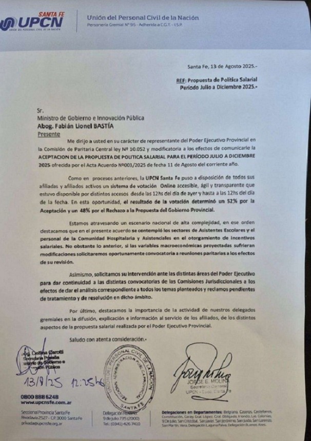 UPCN SANTA FE ACEPTO LA PROPUESTA SALARIAL DEL GOBIERNO PROVINCIAL 