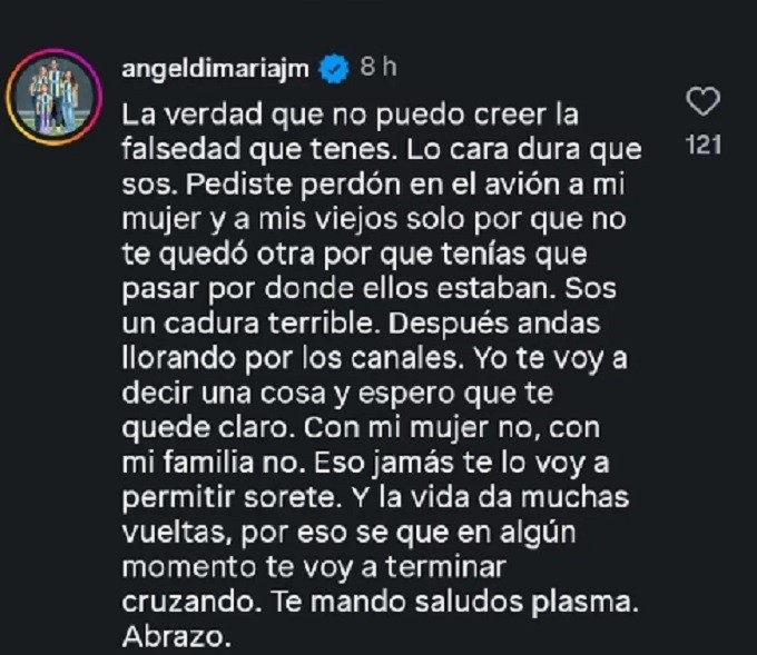Di María muy duro con Toti Pasman: Jamás te lo voy a permitir sor.....