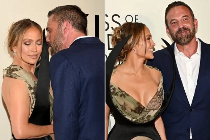 Jennifer Lopez y Ben Affleck posan juntos en el estreno de El beso de la mujer araña en Nueva York.