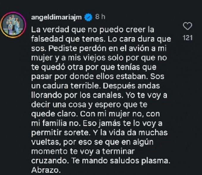 Di María muy duro con Toti Pasman: Jamás te lo voy a permitir sor.....